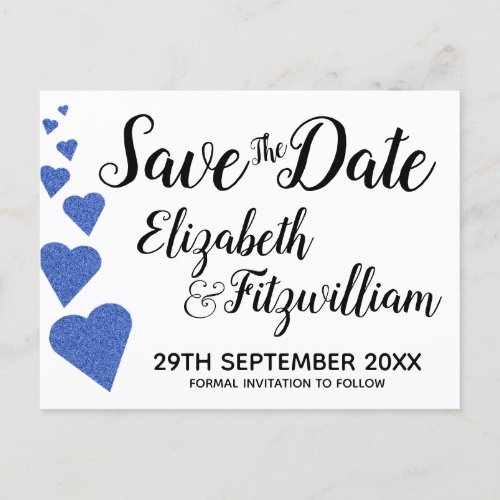 Navy Blue Glitter Hearts Hearts Save the Date Postcard