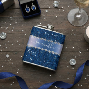 Navy Blue Glitter Look Bling Personalized Metal Flask