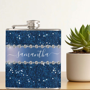 Navy Blue Glitter Look Bling Personalized Metal Flask