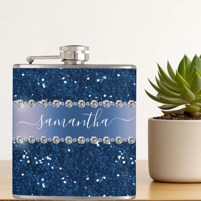 Navy Blue Glitter Look Bling Personalized Metal Flask (Creator Uploaded)