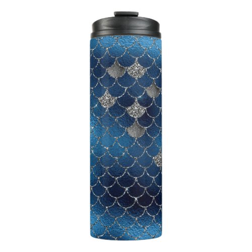 Navy Blue Glitter Mermaid Scale Pattern Thermal Tumbler