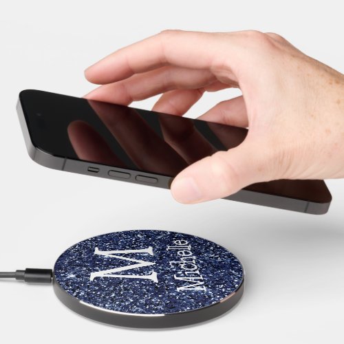 Navy Blue Glitter Monogram Initial   Wireless Charger