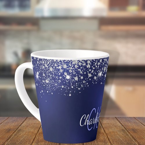 Navy blue glitter monogram name script latte mug