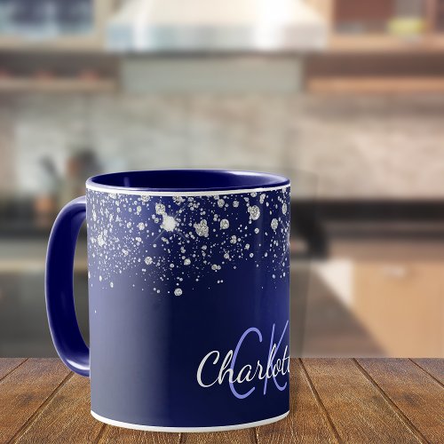 Navy blue glitter monogram name script mug