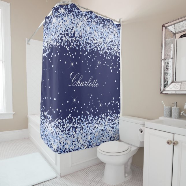Navy blue glitter name monogram elegant shower curtain (In Situ)