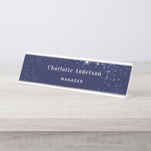 Navy blue glitter name title classic elegant desk name plate (Front)