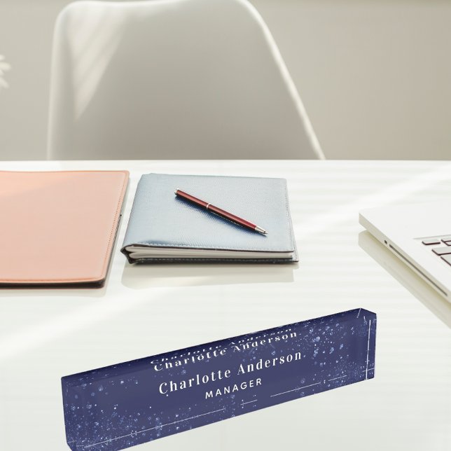 Navy blue glitter name title classic elegant desk name plate (Creator Uploaded)
