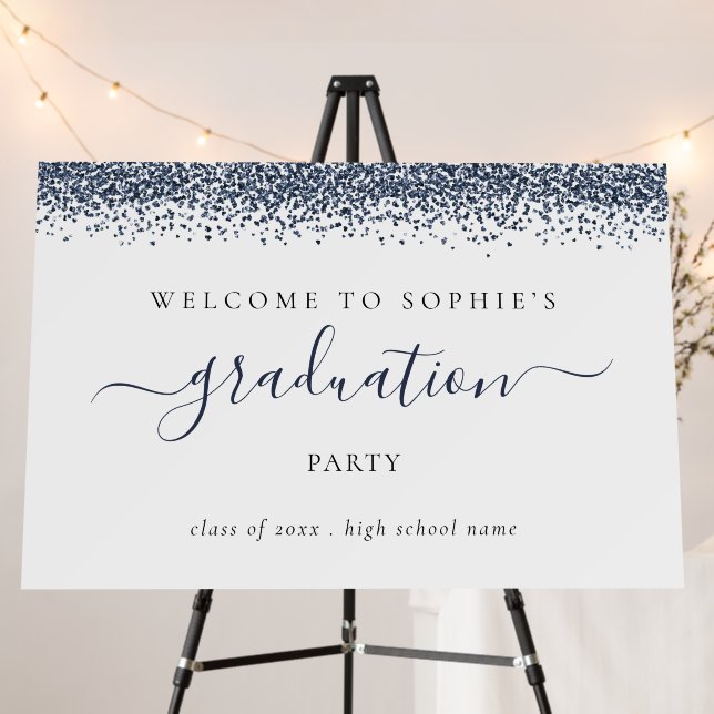 Navy Blue Glitter Name Welcome Graduation Party Fo Foam Board (In Situ (Stand))