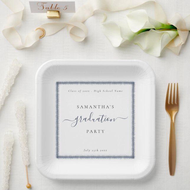 Navy Blue Glitter Name Year Graduation Party Paper Plates (Wedding)