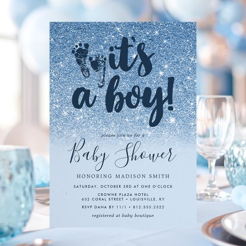 Navy Blue Glitter Ombre It'S A Boy Baby Shower Invitation