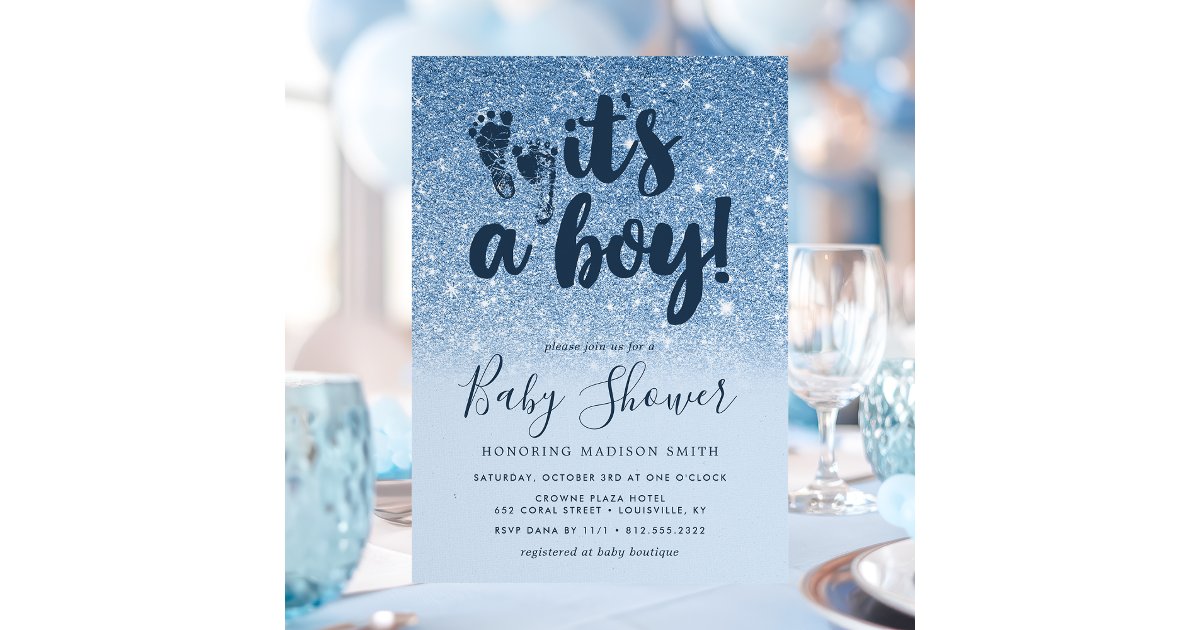 Navy Blue Glitter Ombre It's A Boy Baby Shower Invitation | Zazzle