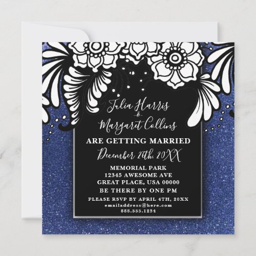 Navy Blue Glitter Ombre Sparkles Elegant Floral Invitation