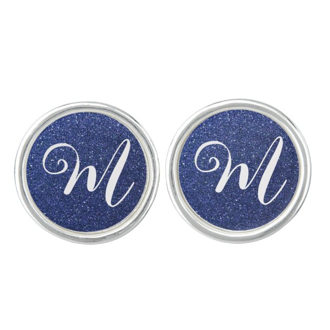 Navy Blue Glitter Ombre Sparkles Glam Monogrammed Cufflinks (Front)