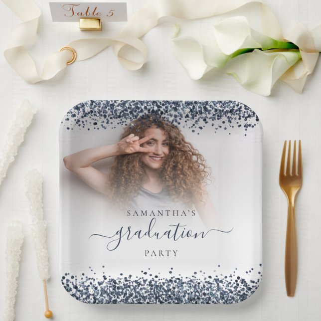 Navy Blue Glitter Photo Name Graduation 2024 Party Paper Plates (Wedding)