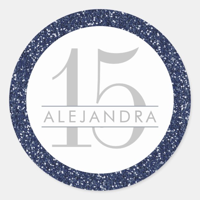 Navy Blue Glitter Quince Años Favor Sticker Label (Front)