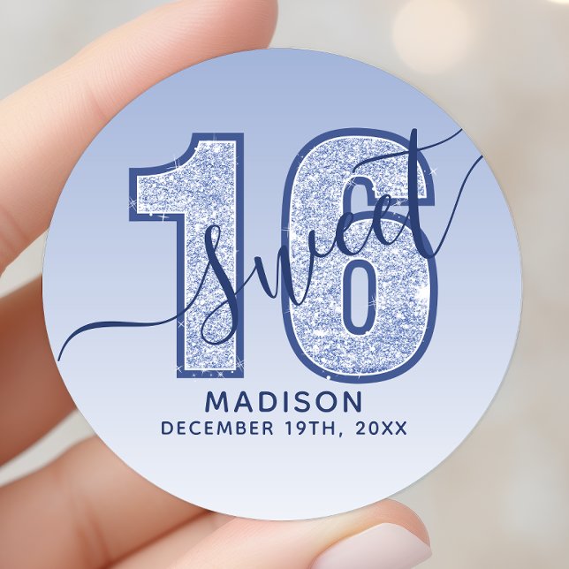Navy Blue Glitter Script Sweet 16 Birthday Classic Round Sticker (Creator Uploaded)