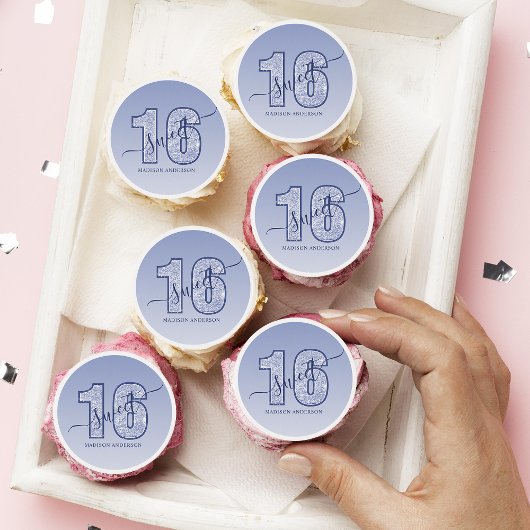 Navy Blue Glitter Script Sweet 16 Birthday Edible Frosting Rounds