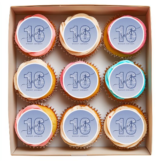 Navy Blue Glitter Script Sweet 16 Birthday Edible Frosting Rounds