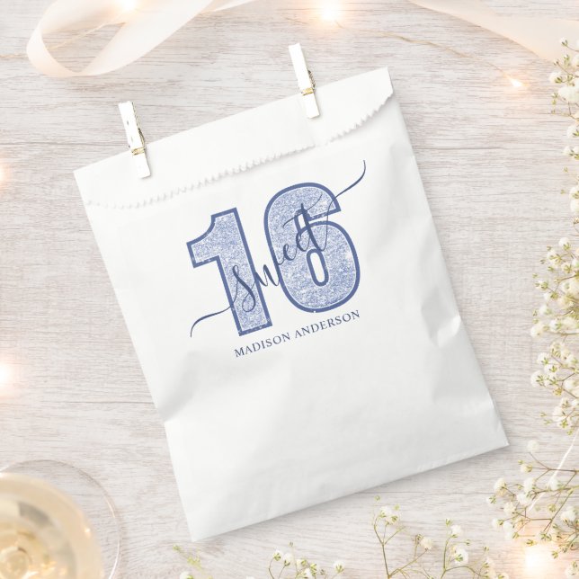 Navy Blue Glitter Script Sweet 16 Birthday Favor Bag (Clipped)