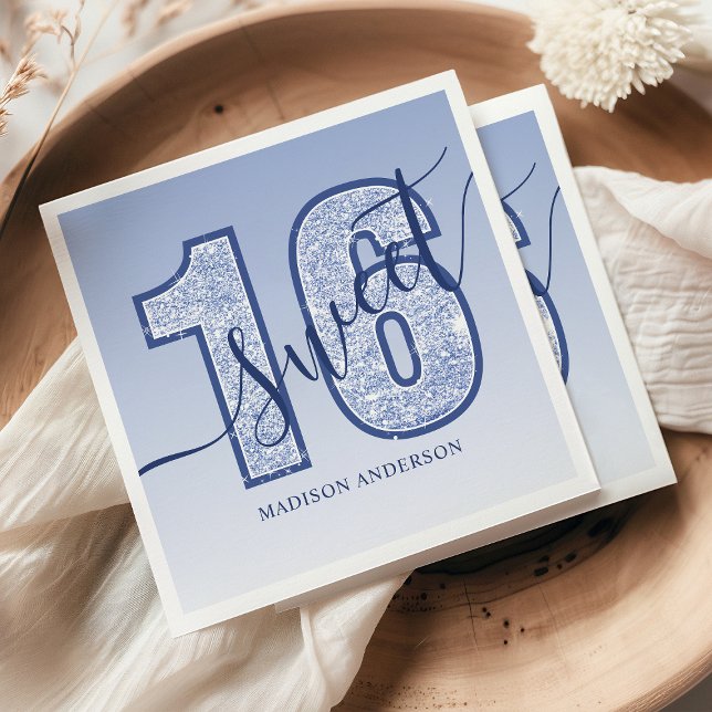 Navy Blue Glitter Script Sweet 16 Birthday Napkins (Creator Uploaded)