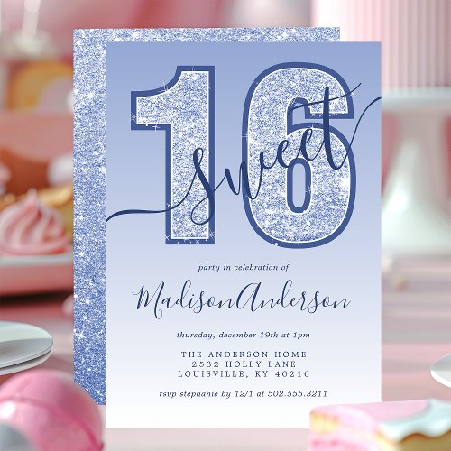 Navy Blue Glitter Script Sweet 16 Birthday Party Invitation