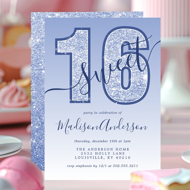 Navy Blue Glitter Script Sweet 16 Birthday Party Invitation (Creator Uploaded)