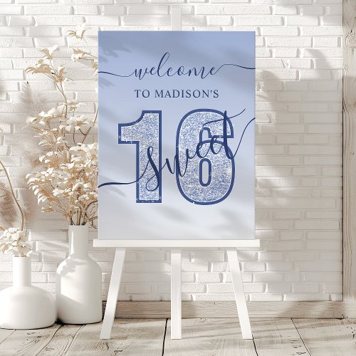 Navy Blue Glitter Script Sweet 16 Birthday Welcome Foam Board