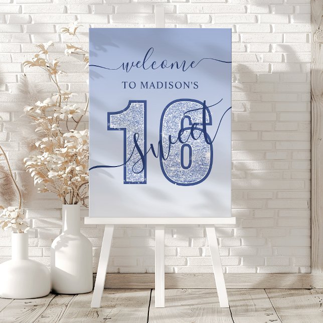 Navy Blue Glitter Script Sweet 16 Birthday Welcome Foam Board (Creator Uploaded)
