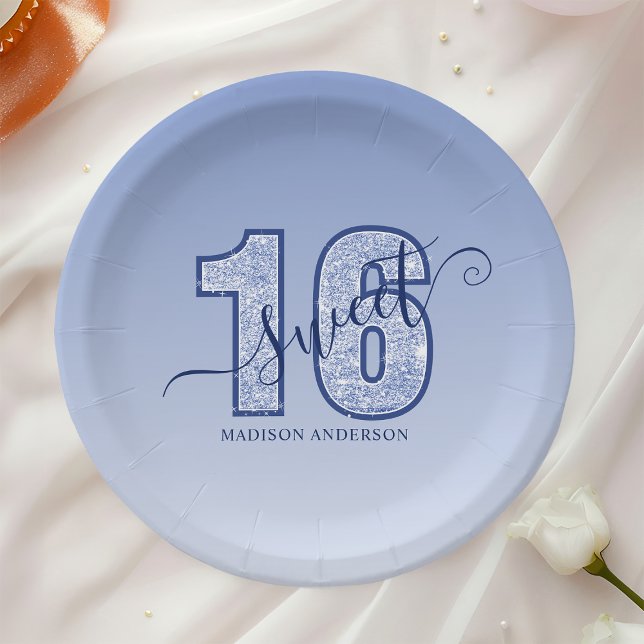 Navy Blue Glitter Script Sweet 16 Paper Plates (Creator Uploaded)