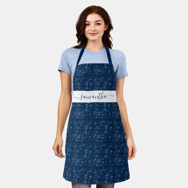 Navy Blue Glitter Sequin Personalized Script Apron (Worn)