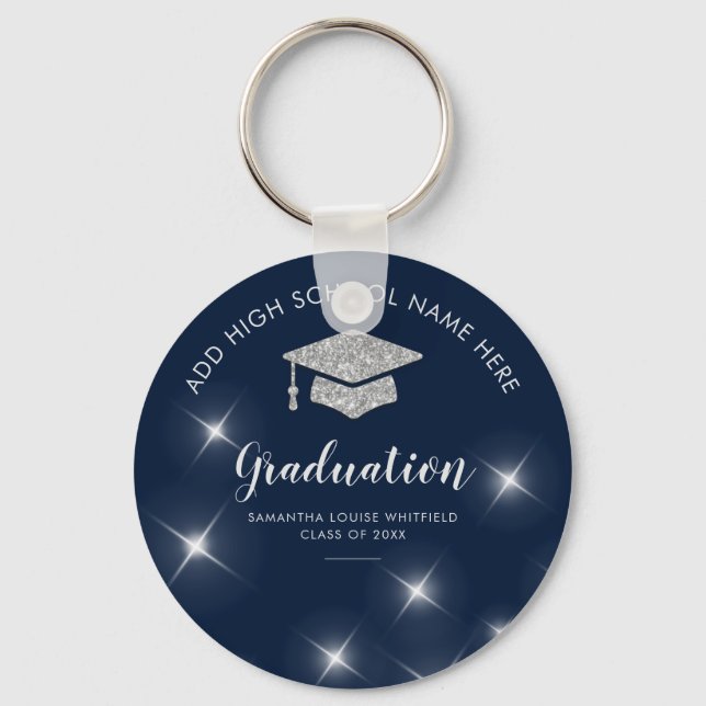 Navy Blue Glitter Silver Graduation School Grad 22 Keychain (Front)