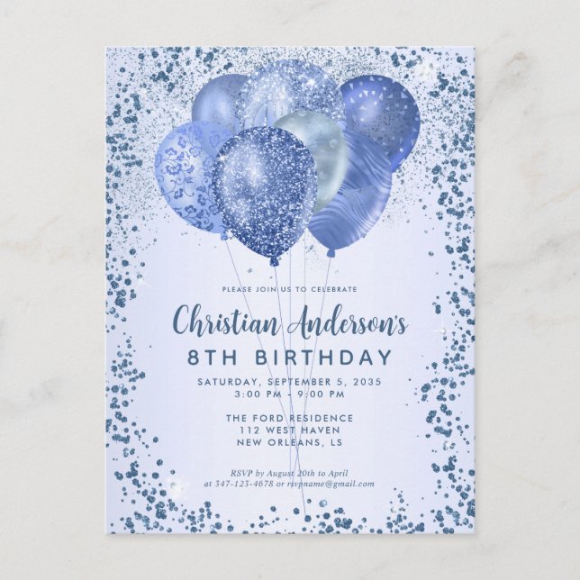 Navy Blue Glitter Sparkle Balloon Kids Birthday Postcard (Front)