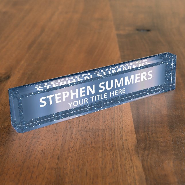 Navy Blue Glitter Sparkle Glam Custom Desk Name Plate (Side)