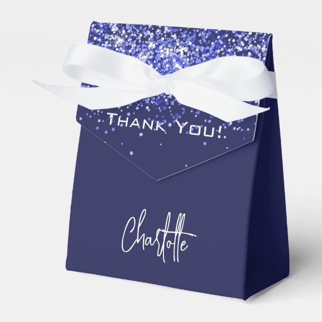 Navy blue glitter sparkles name thank you favor boxes (Front Side)