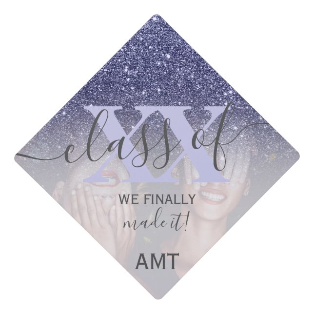 Navy blue glitter sparkles photo class of graduation cap topper (Front)