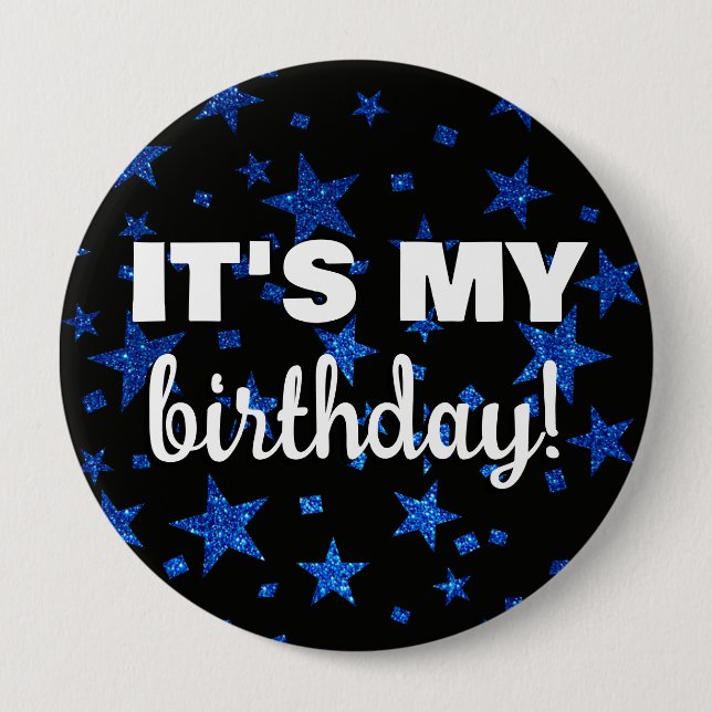 Navy Blue Glitter Stars Confetti It's My Birthday Button (Front)