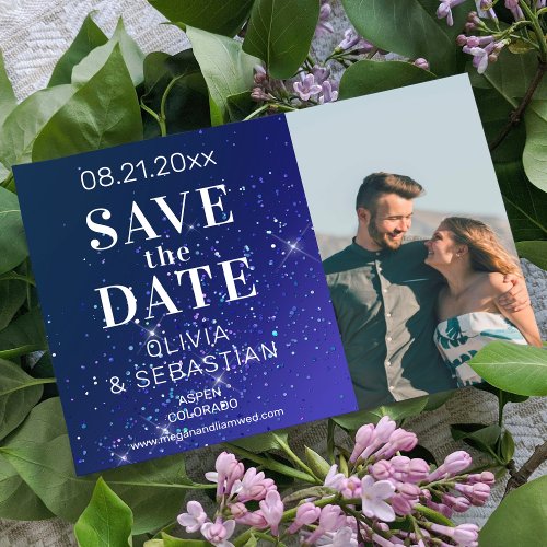 Navy Blue Glitter Stylish Photo Modern Wedding Save The Date