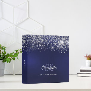 Navy blue glitter white monogram name silver 3 ring binder