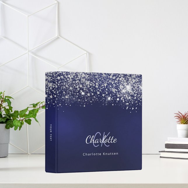 Navy blue glitter white monogram name silver 3 ring binder (Creator Uploaded)