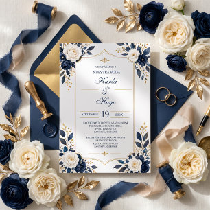 Navy Blue&God Floral Wedding Spanish  Invitation