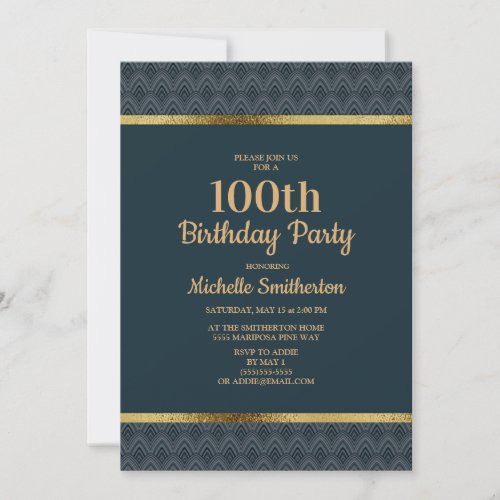 Navy Blue Gold 100th Birthday Party Invitation