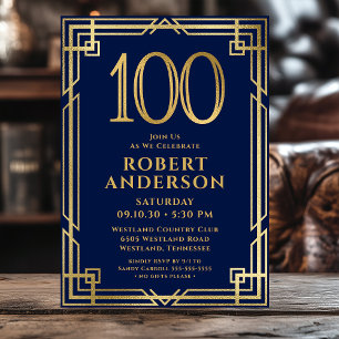 Navy Blue Gold 100th Birthday Photo Invitation