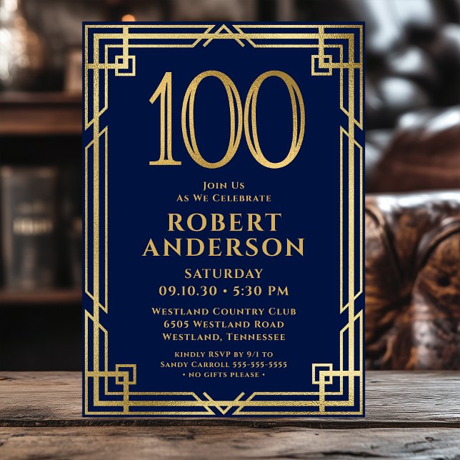 Navy Blue Gold 100th Birthday Photo  Invitation (Creator Uploaded)