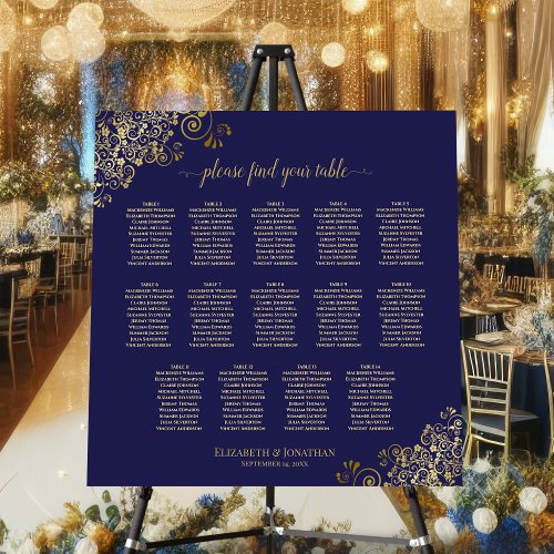 Navy Blue  Gold 14 Table Wedding Seating Chart Foam Board