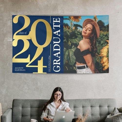 Navy Blue Gold 2024 Graduate Photo Graduation Banner