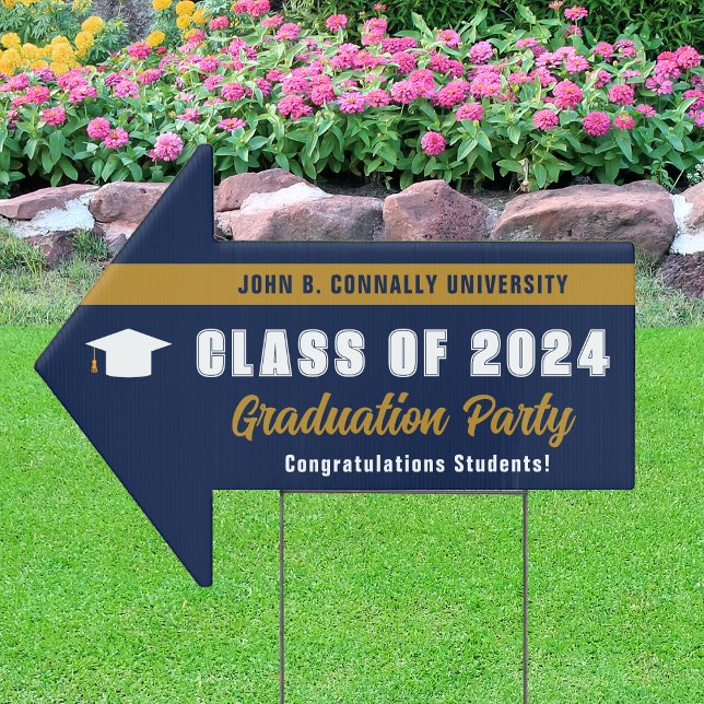 Navy Blue Gold 2024 Graduation Party Arrow Yard Sign (Creator Uploaded)