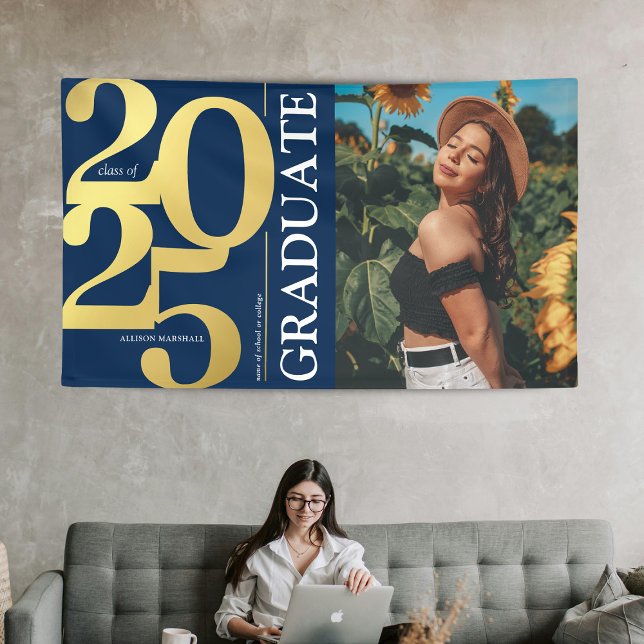 Navy Blue Gold 2025 Graduate Photo Graduation Banner (Creator Uploaded)