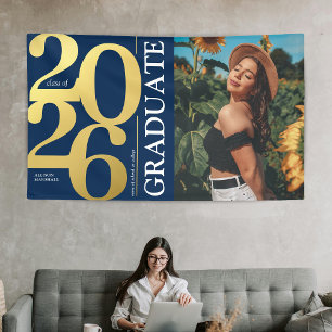 Navy Blue Gold 2026 Graduate Photo Graduation Banner