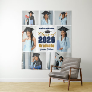 Navy Blue Gold 2026 Graduation Party Photo Collage Tapestry