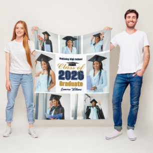 Navy Blue Gold 2026 Graduation Photo Collage Fleece Blanket